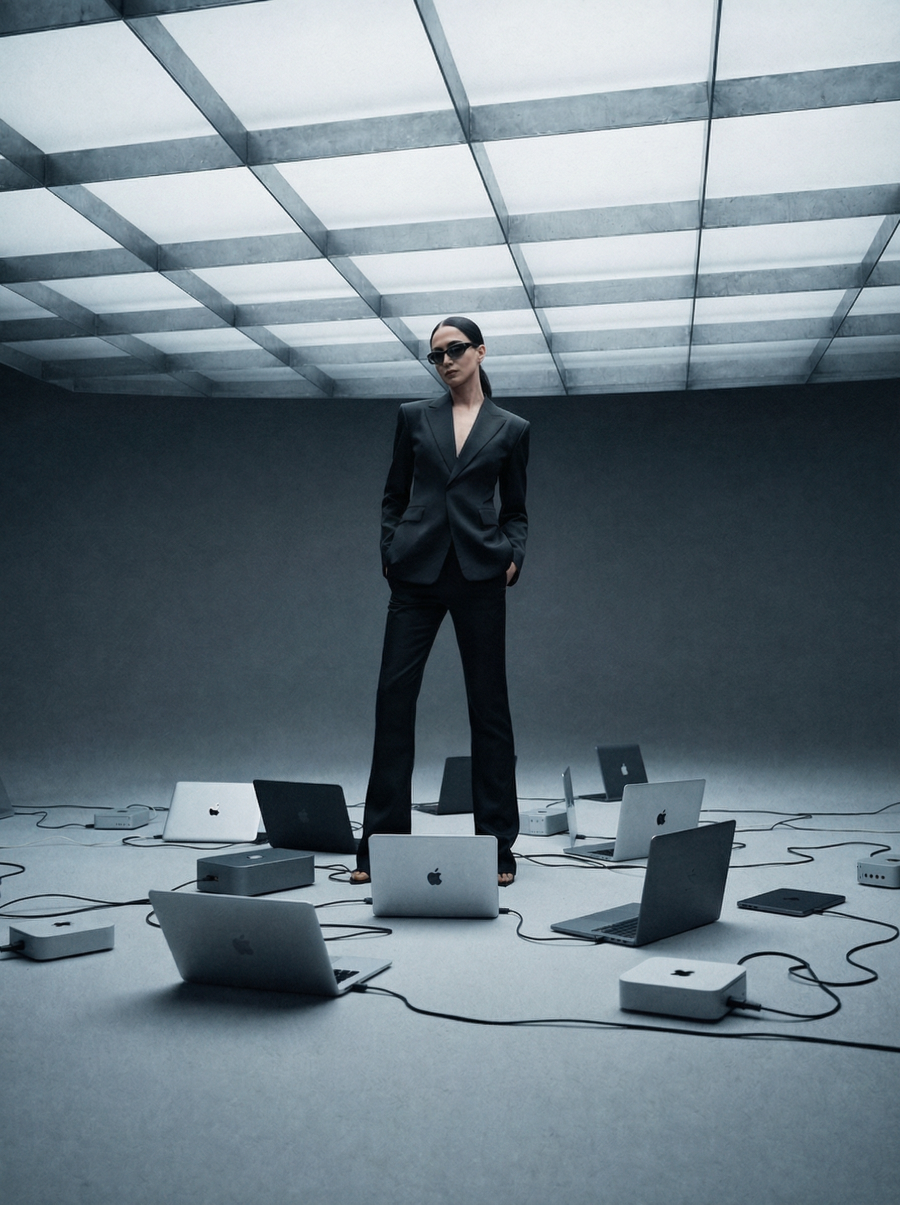 Behnaz Babazadeh standing in a studio surrounded by laptops