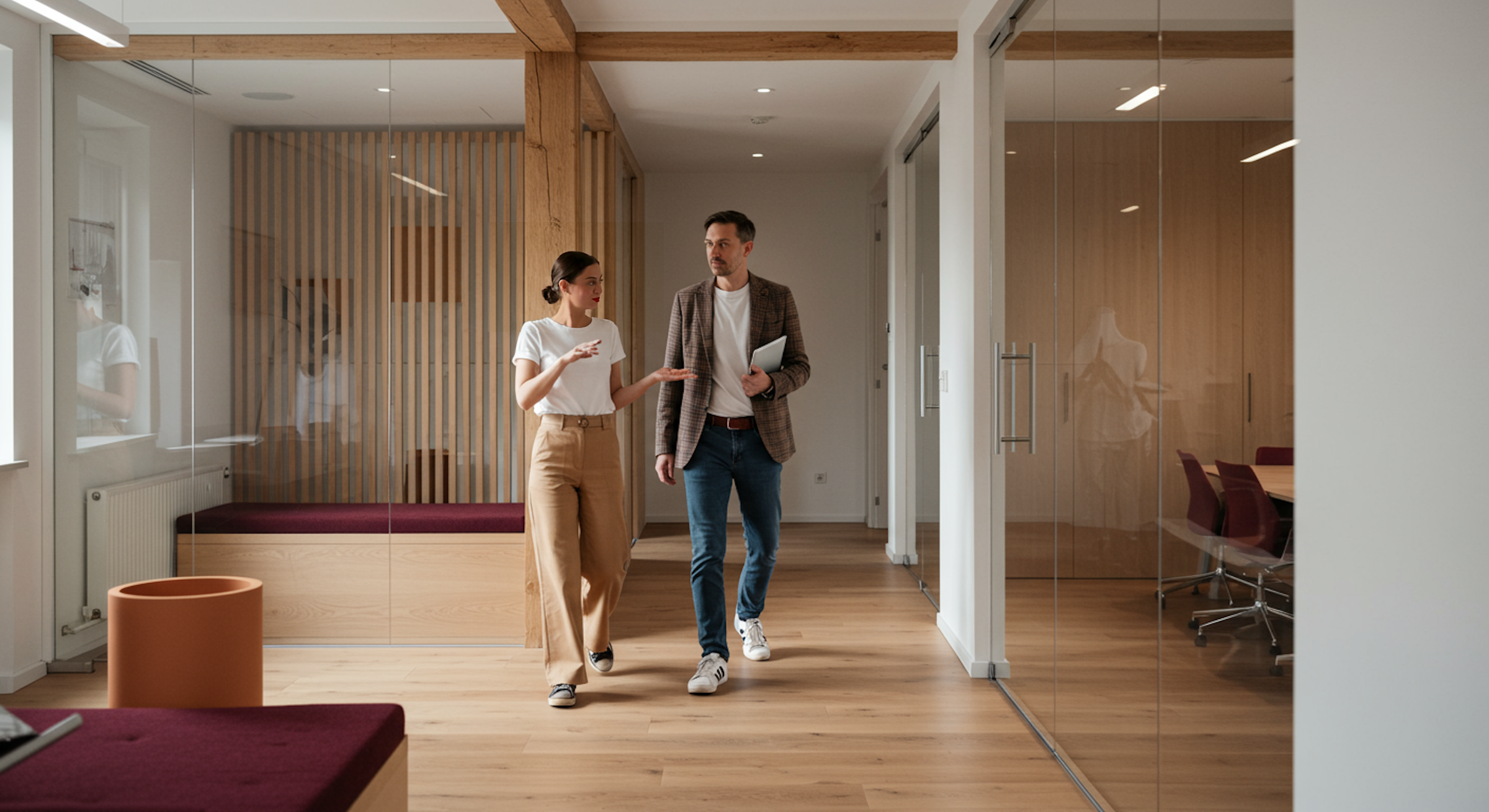 Two colleagues walking through a bright office