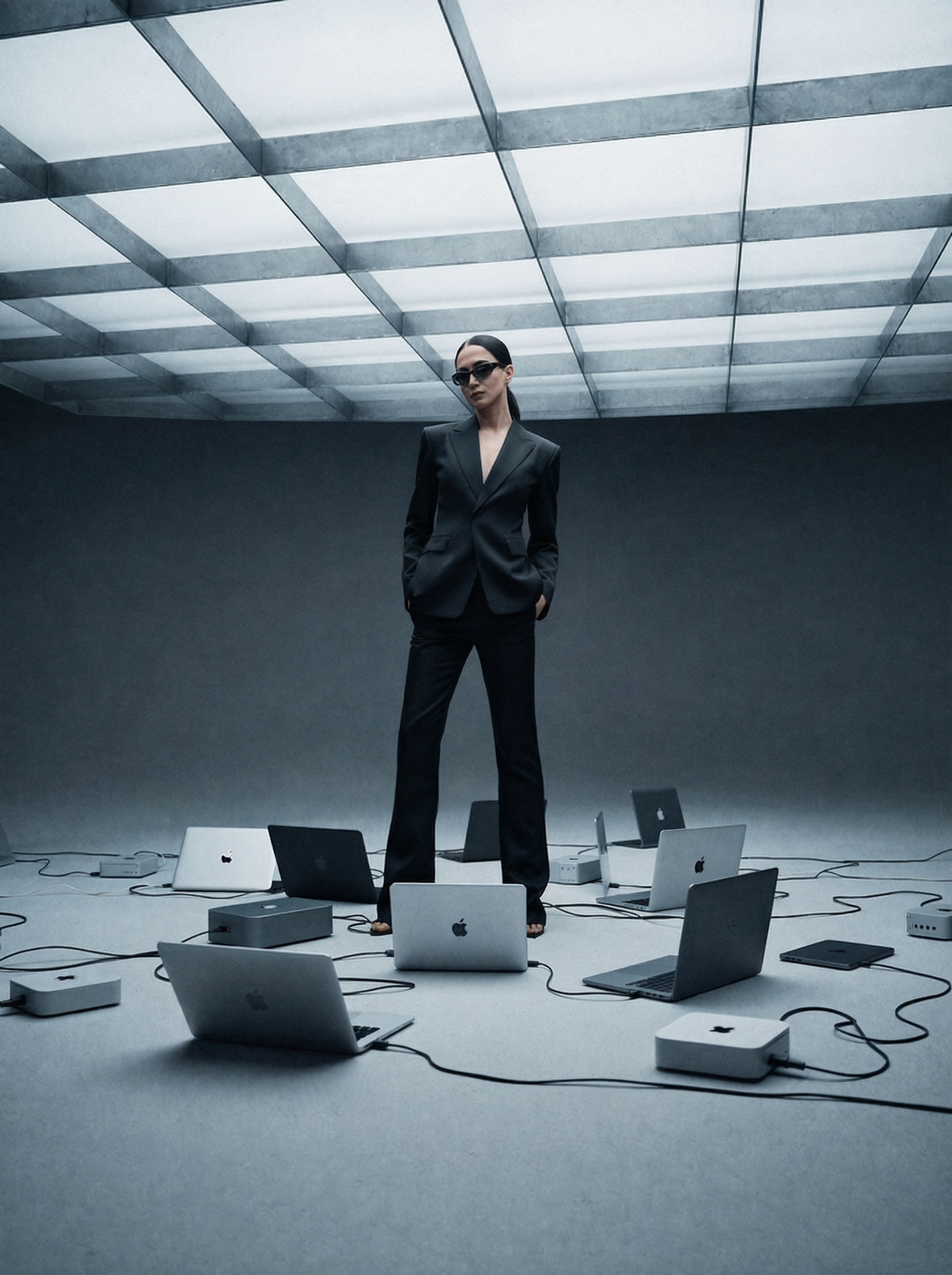 Behnaz Babazadeh standing under a fluorescent ceiling grid surrounded by laptops and Apple devices on a polished concrete floor.